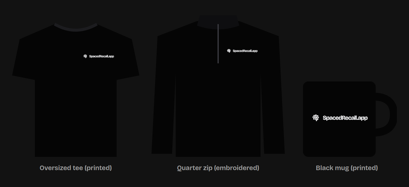 A black oversized t-shirt, a black quarter zip and a black mug, each with the Spaced Recall brain and SpacedRecall.app in white