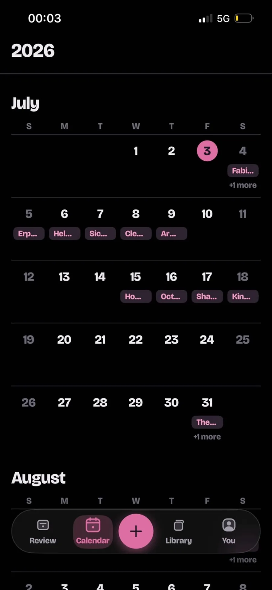 SpacedRecall calendar screen showing reviews scheduled across the month