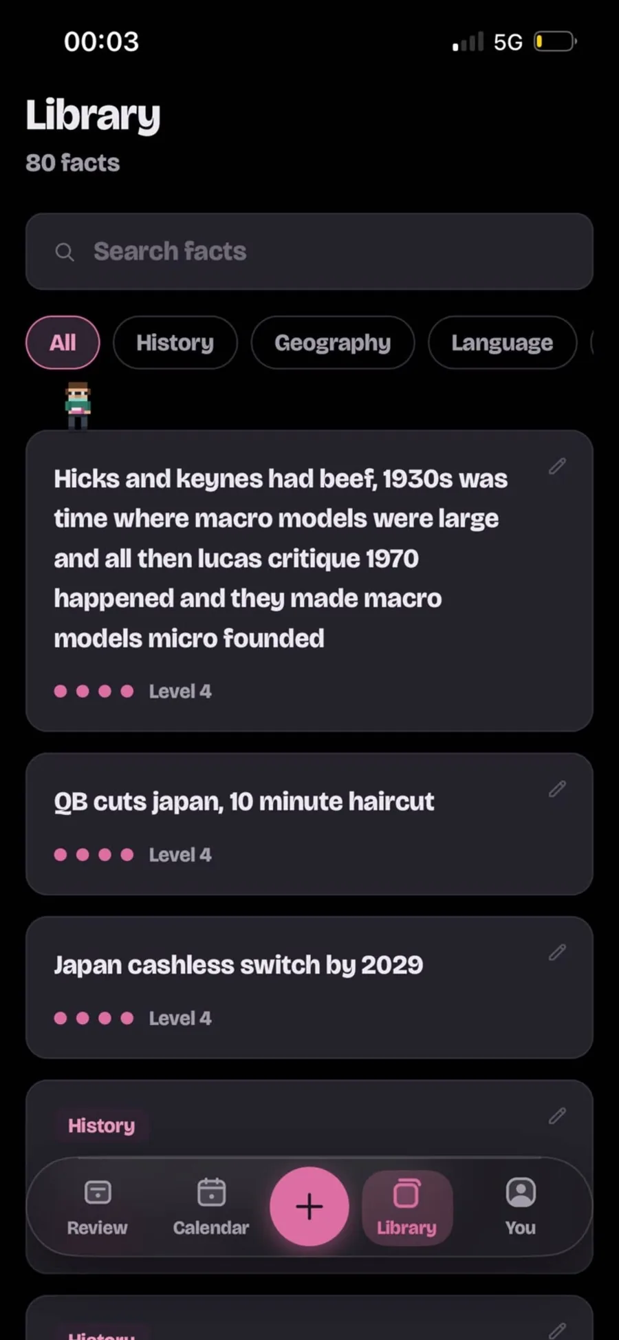 SpacedRecall library screen showing 80 saved facts organized by category