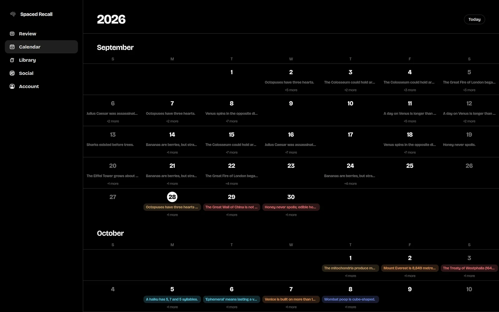 Spaced Recall in a web browser, showing the review calendar for September and October